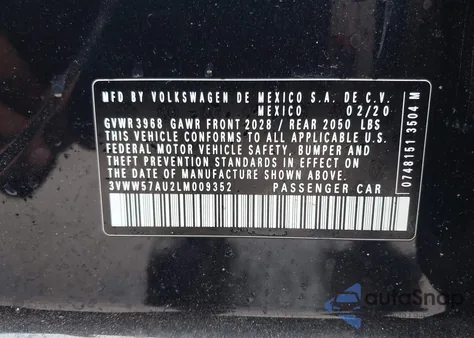 2020 Volkswagen Golf 1.4T Tsi z USA, uszkodzony, nr VIN 3VWW57AU2LM009352